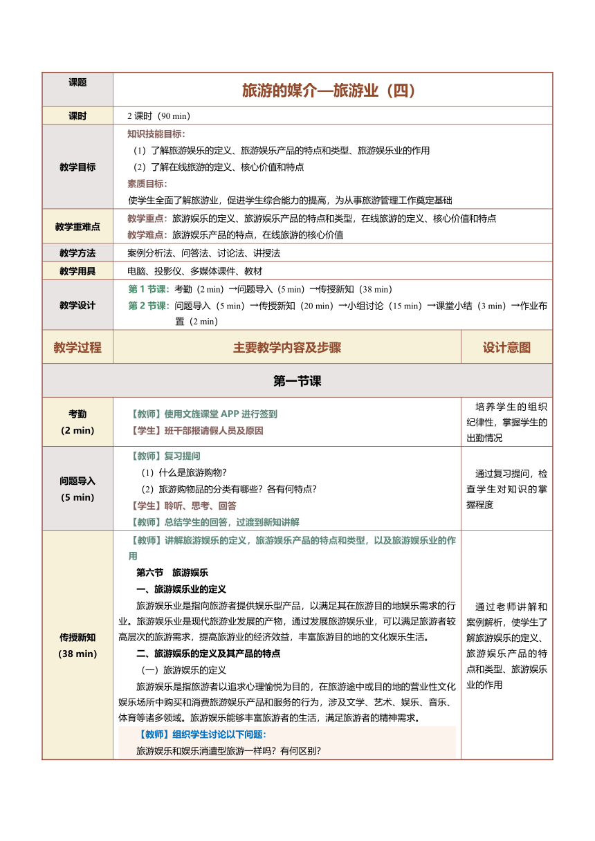 9.1旅游的媒介—旅游业（四） 教案（表格式）《旅游学概论》（江苏大学出版社）