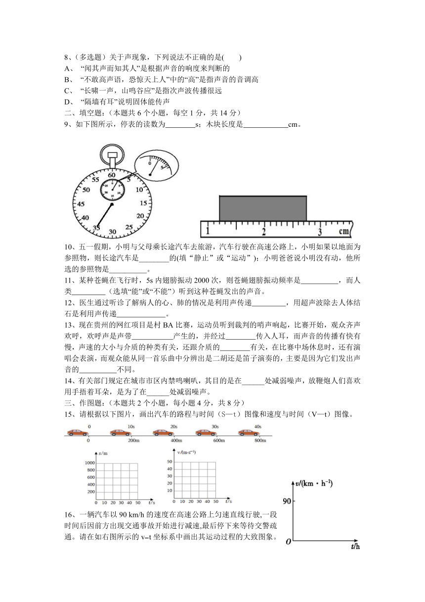 贵州省凯里市第一初级中学2023-2024学年上学期9月八年级物理第一次月考卷（无答案）