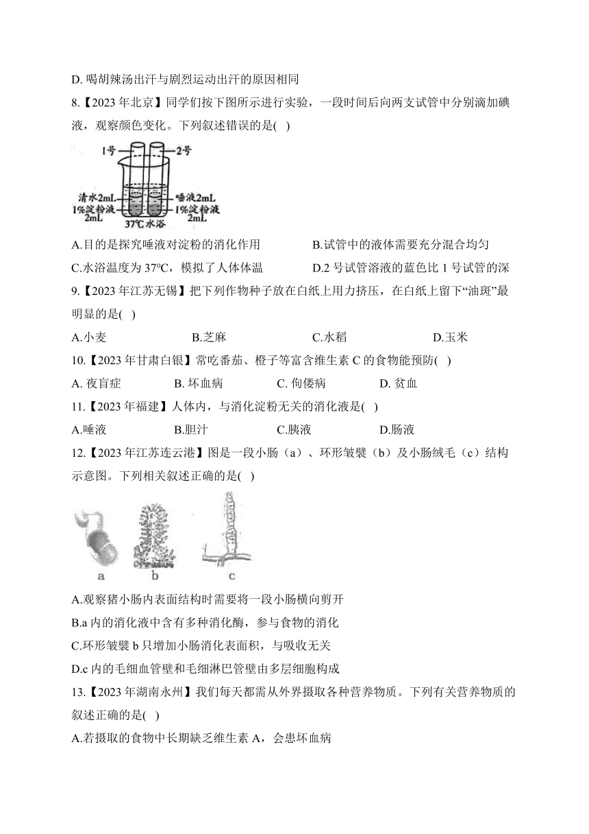 （5）人体的营养——2023年中考生物真题专项汇编（含答案）