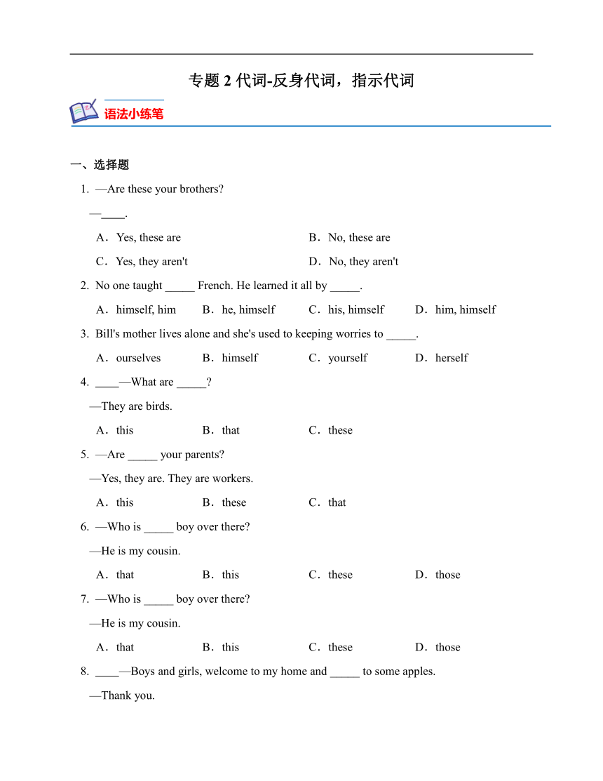 专题2代词-反身代词，指示代词（七年级英语暑假语法总复习暨练习含解析）