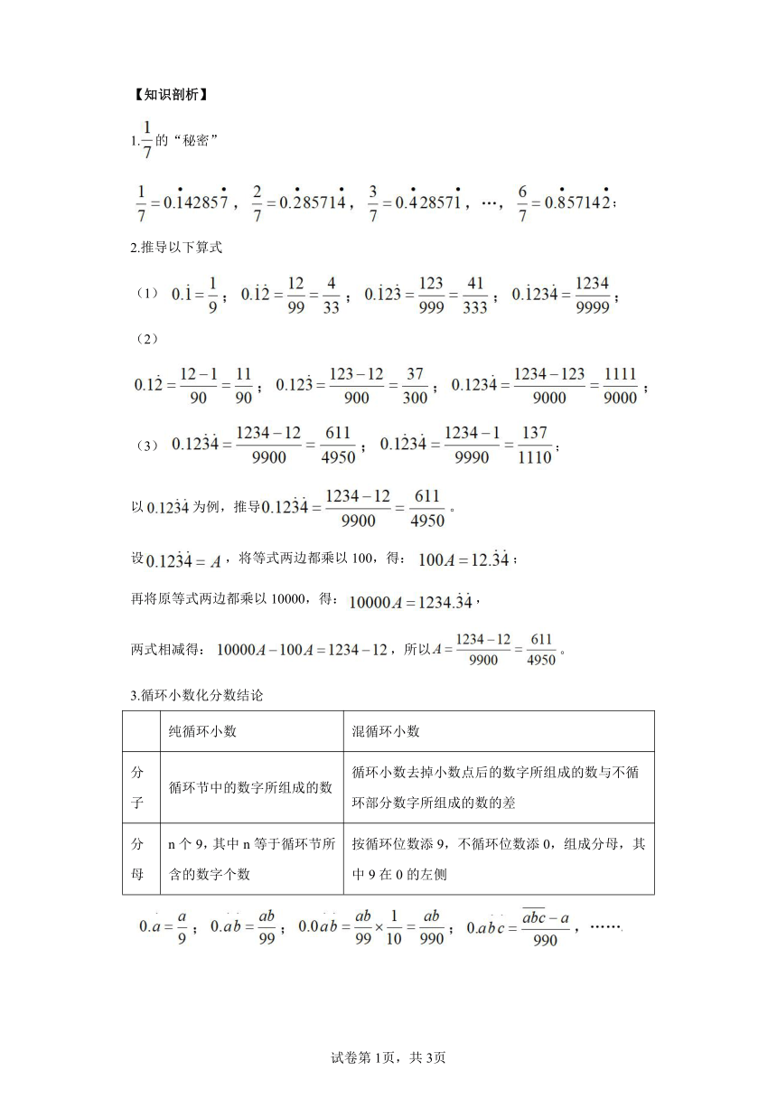 人教版小学数学五年级上册思维训练《分数与循环小数》（含答案）