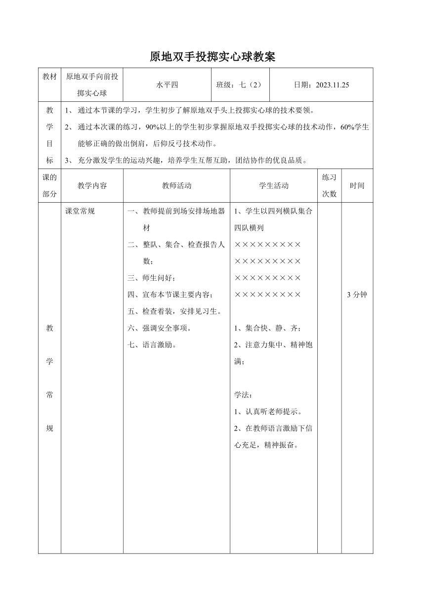 原地双手投掷实心球教案（表格式）