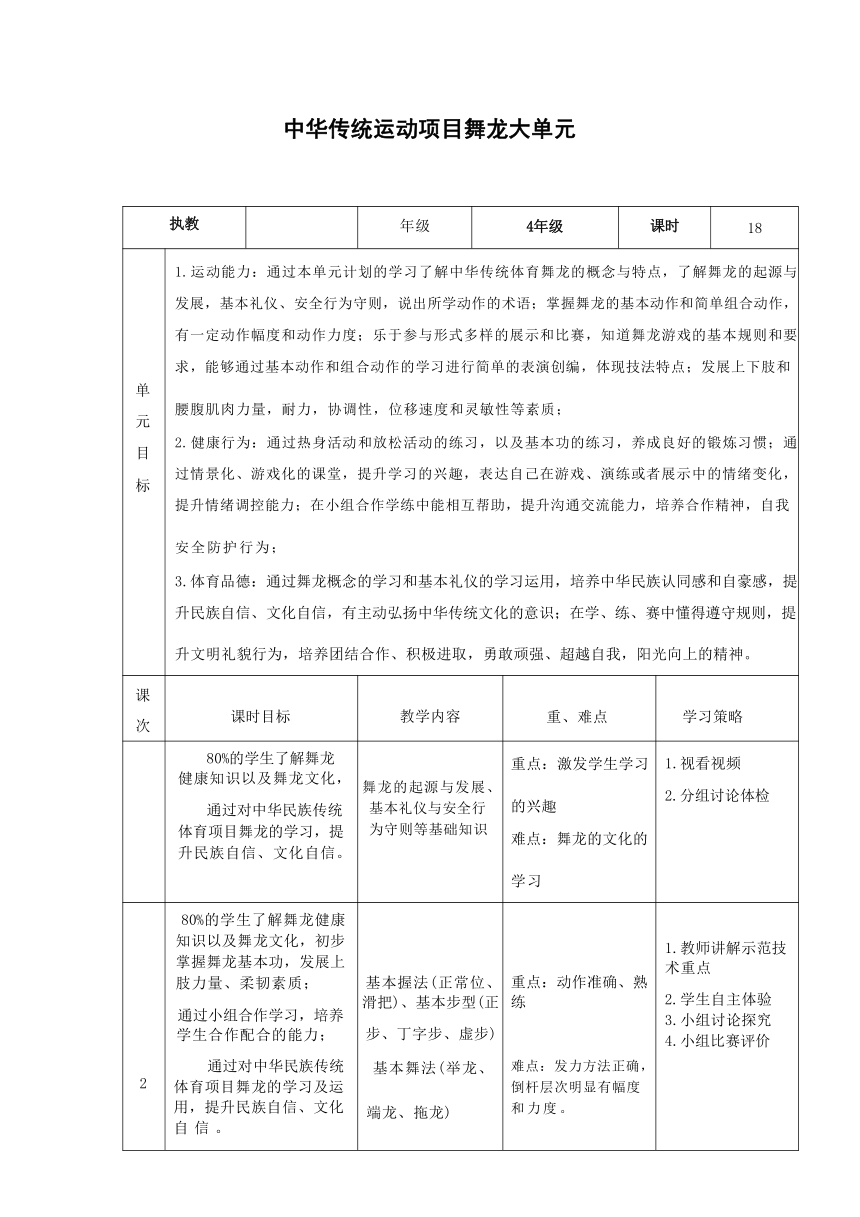 舞龙——越龙尾及简单动作组合 教学设计（表格式）人教版体育四年级上册