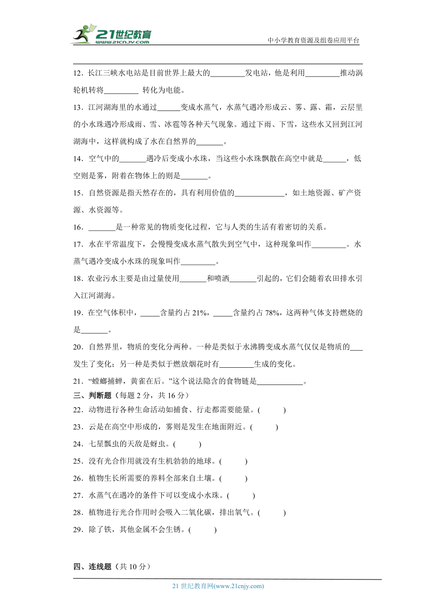 苏教版六年级上册科学期末模拟试题（含答案）