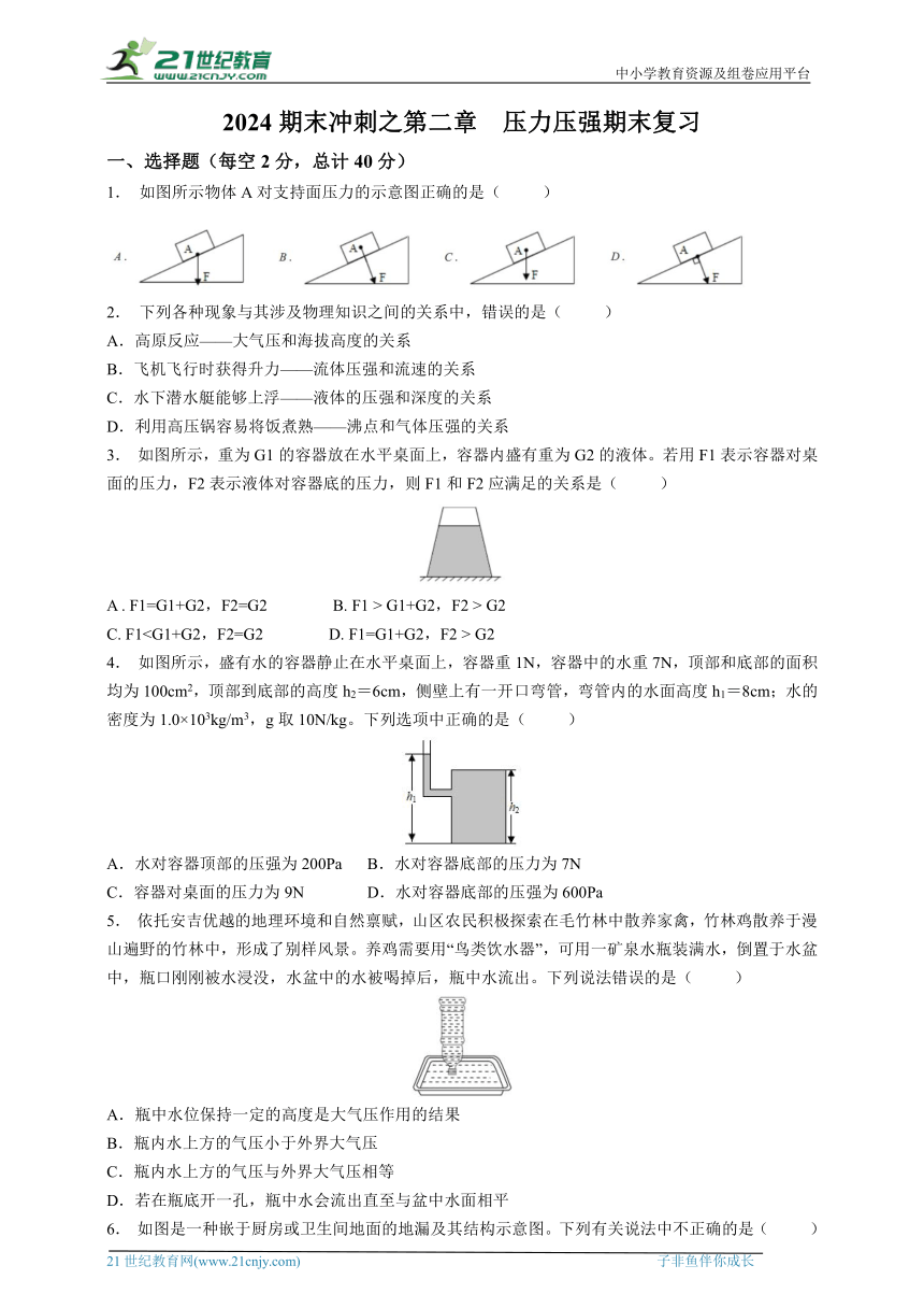 2023-2024华师大版科学八上期末冲刺之第二章  压力压强期末复习（含答案）