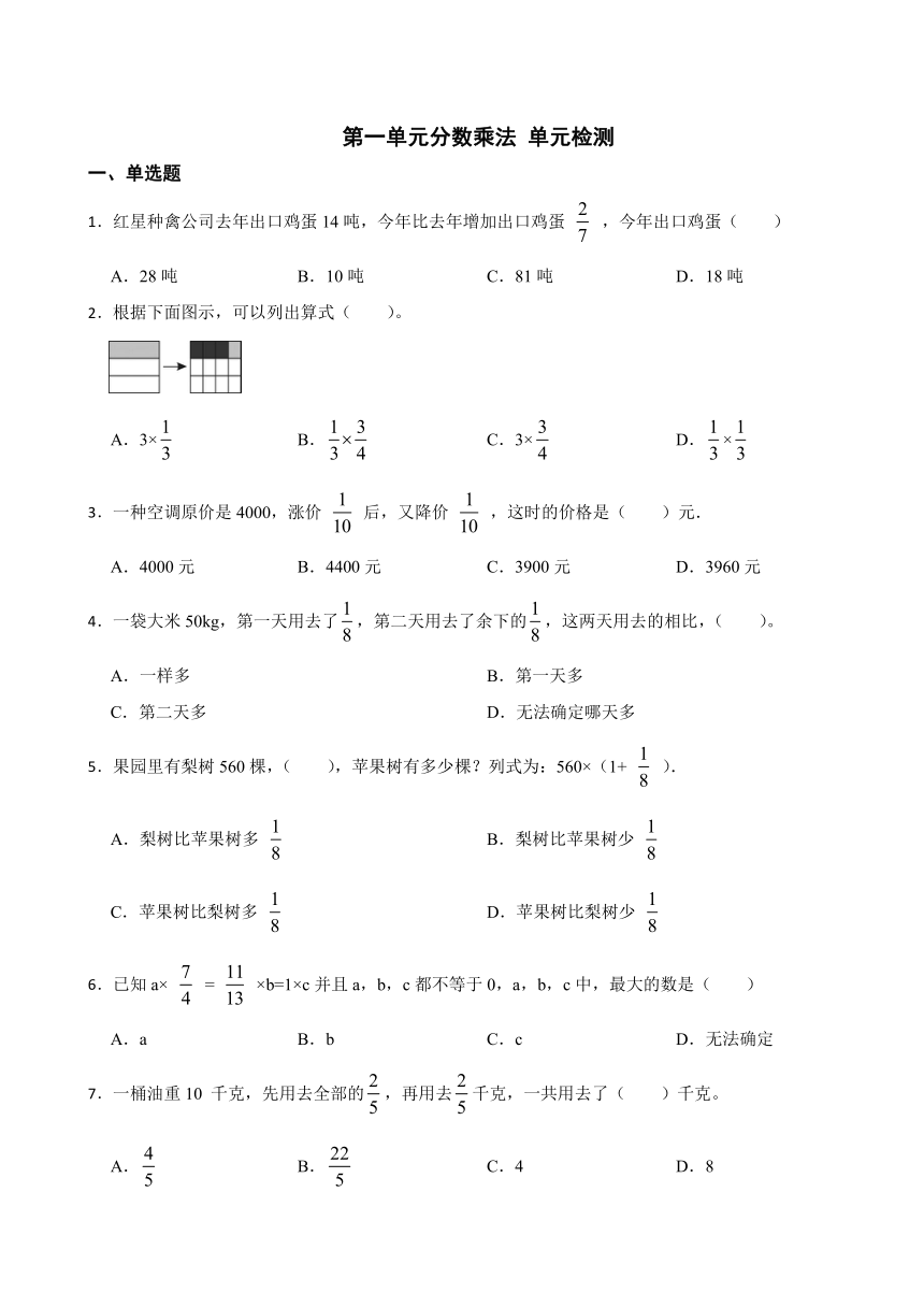 第一单元分数乘法单元测试六年级上册数学西师大版（无答案）