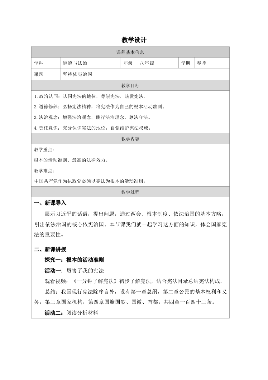 （核心素养目标）2.1坚持依宪治国 表格式教学设计