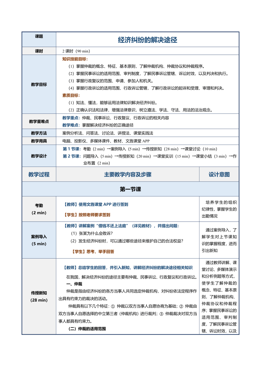 2.1经济纠纷的解决途径 教案（表格式）《经济法基础》（江苏大学出版社）