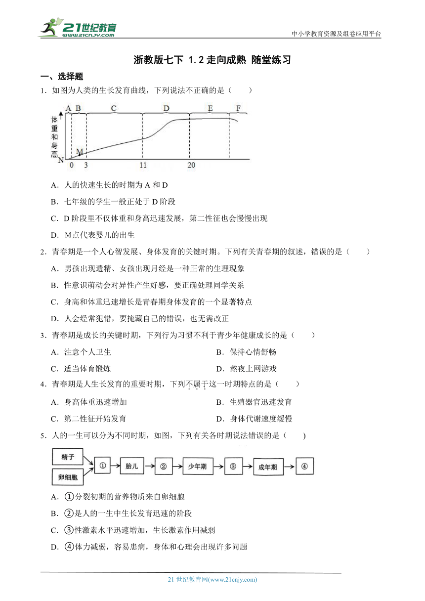 浙教版七下 1.2走向成熟 随堂练习（含解析）