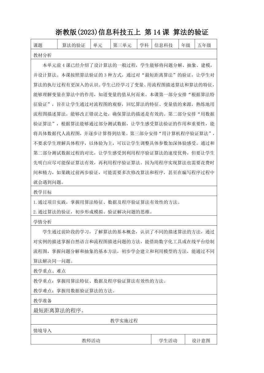 浙教版(2023)信息科技五上 第14课 算法的验证 教学设计（表格式）