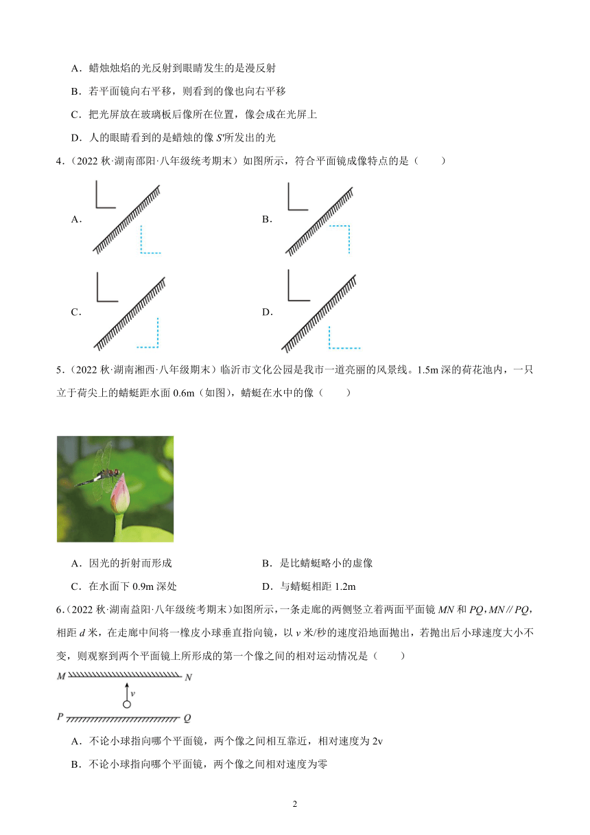 4.3 平面镜成像 同步练习（含答案） 2022－2023学年上学期湖南省各地八年级物理期末试题选编