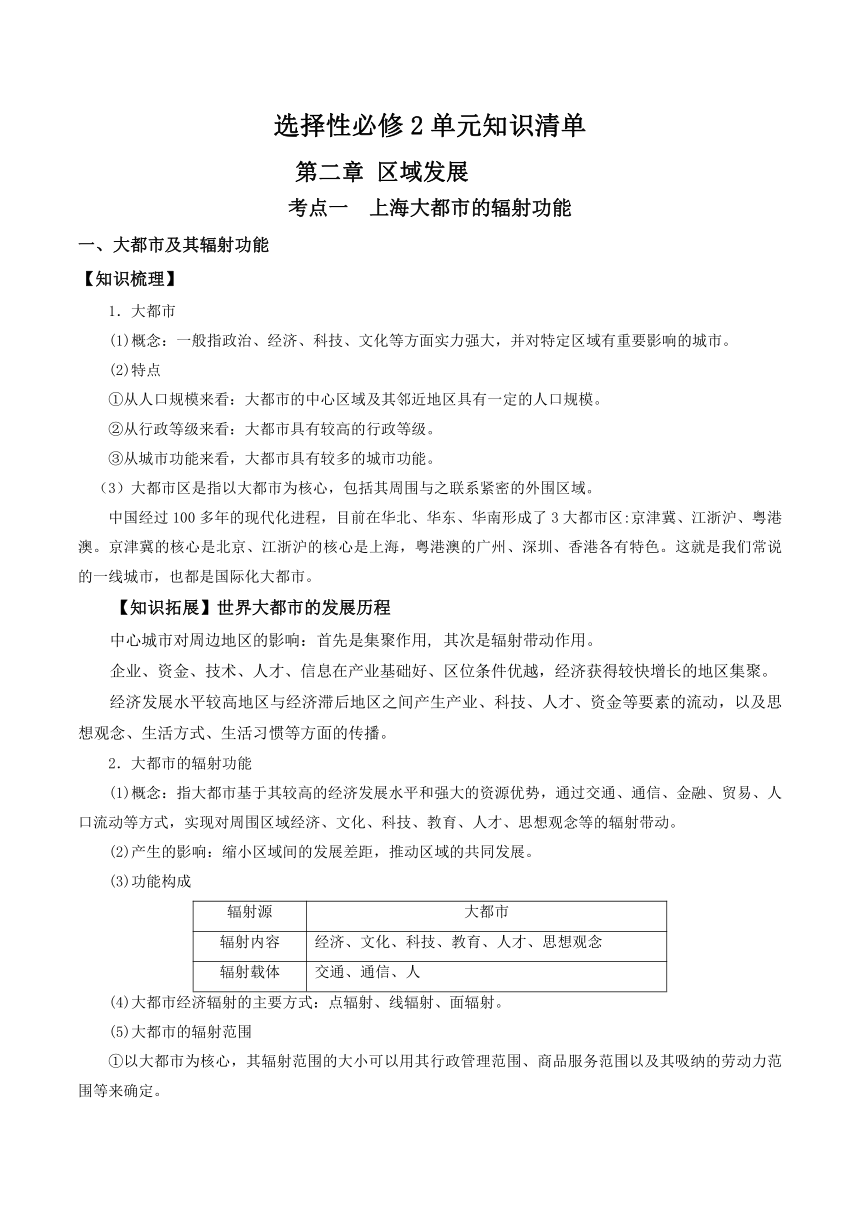 第二章 区域发展（单元知识清单）高二地理（中图版2019选择性必修2）