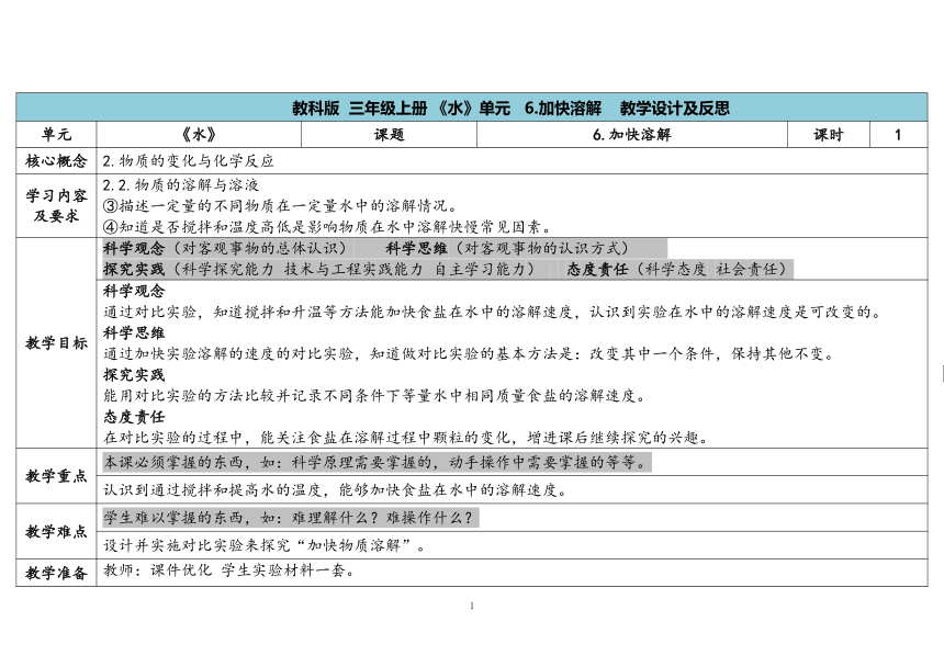 教科版三年级科学上册 《6.加快溶解 》（表格式教案）