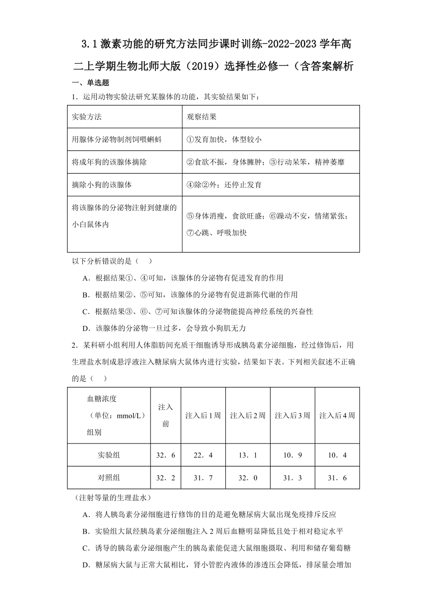 3.1激素功能的研究方法同步课时训练（含答案）2022-2023学年高二上学期生物北师大版（2019）选择性必修一