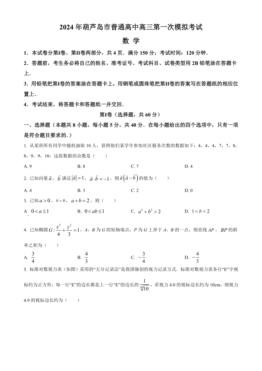 辽宁省葫芦岛市2024届高三下学期3月一模试题 数学（含解析）