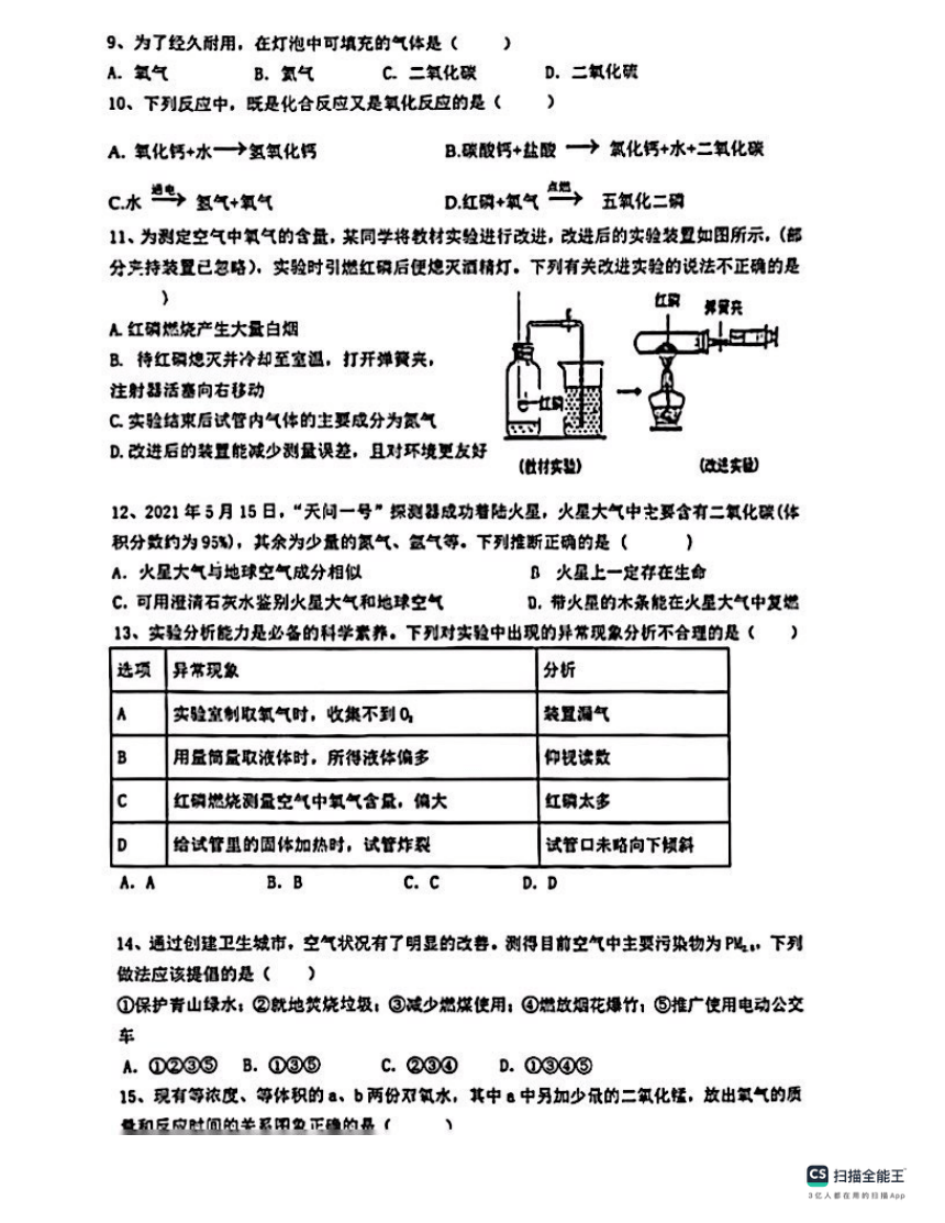 广东省惠州市惠州中学2023-2024学年九年级上学期10月月考化学试卷（PDF版无答案）