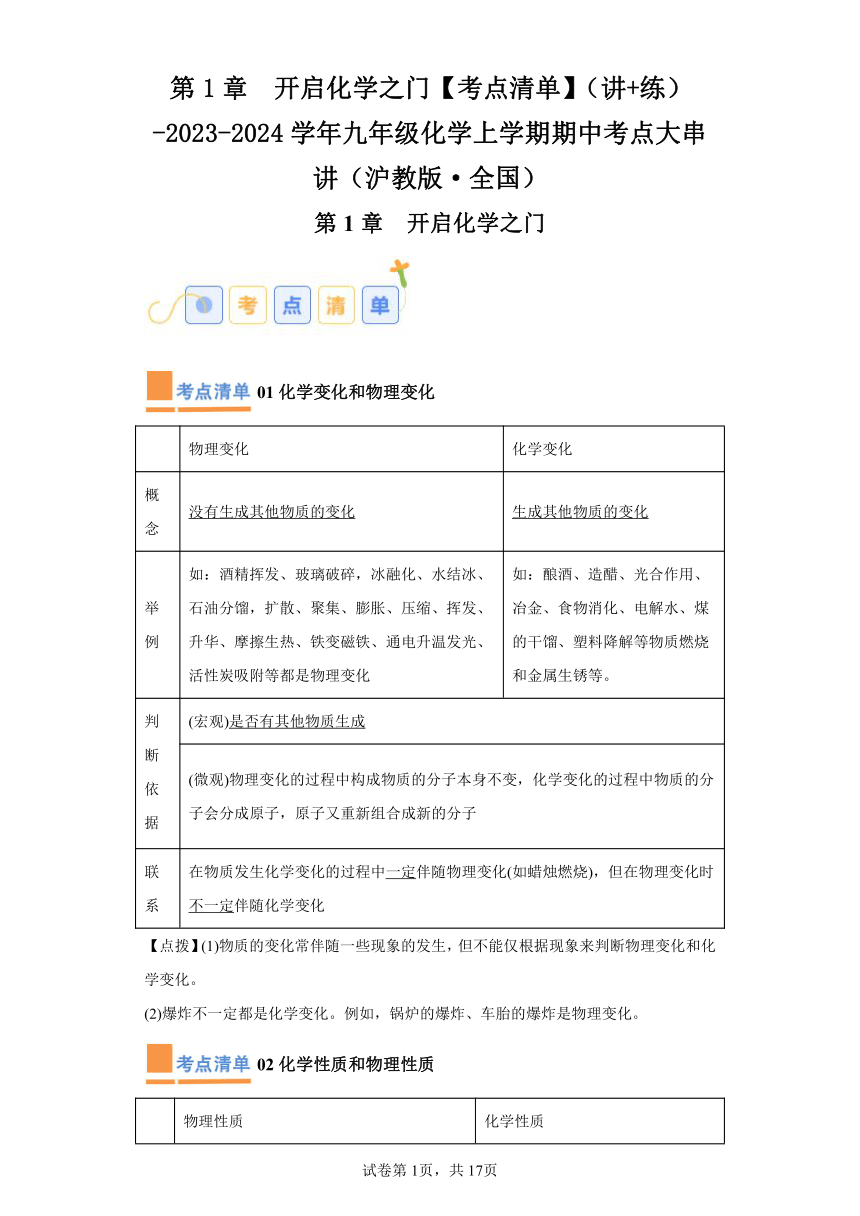 第1章开启化学之门 考点清单+讲练（含解析） 九年级沪教版化学上学期