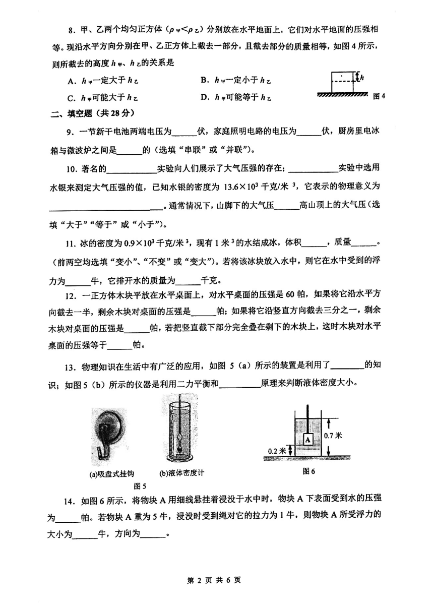 上海市仙霞高级中学2023-2024学年上学期九年级期中物理试卷（pdf版 无答案）