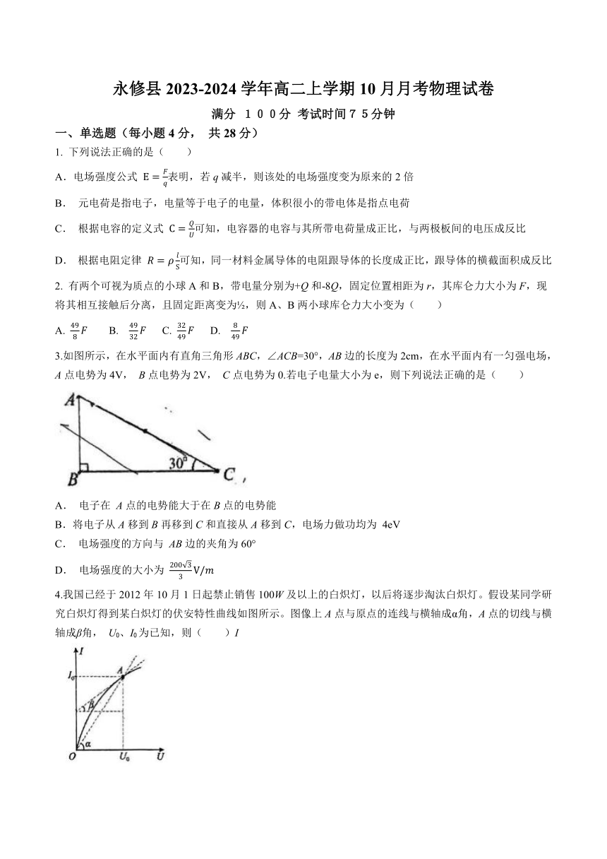 江西省九江市永修县2023-2024学年高二上学期10月月考物理试题（含答案）