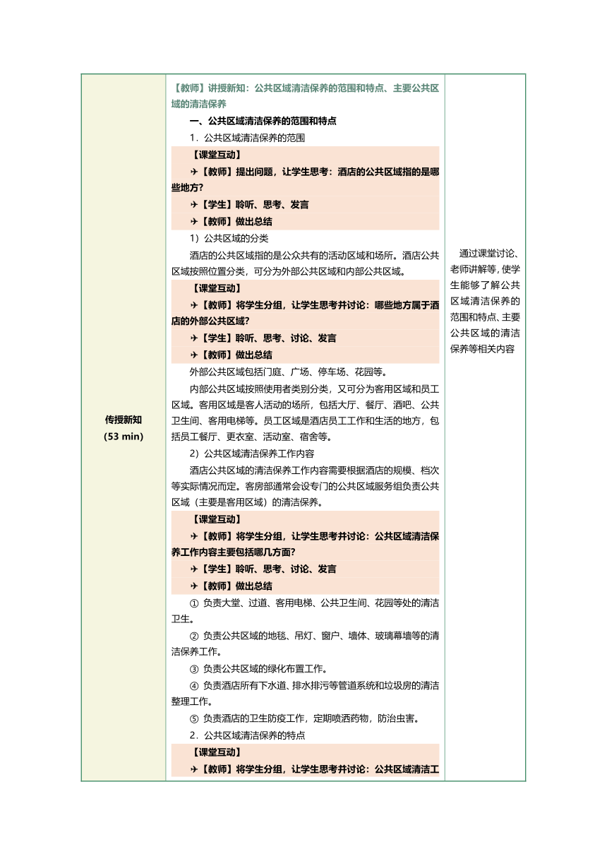 1.16公共区域清洁保养 教案（表格式）《前厅客房服务与管理》（江苏大学出版社）