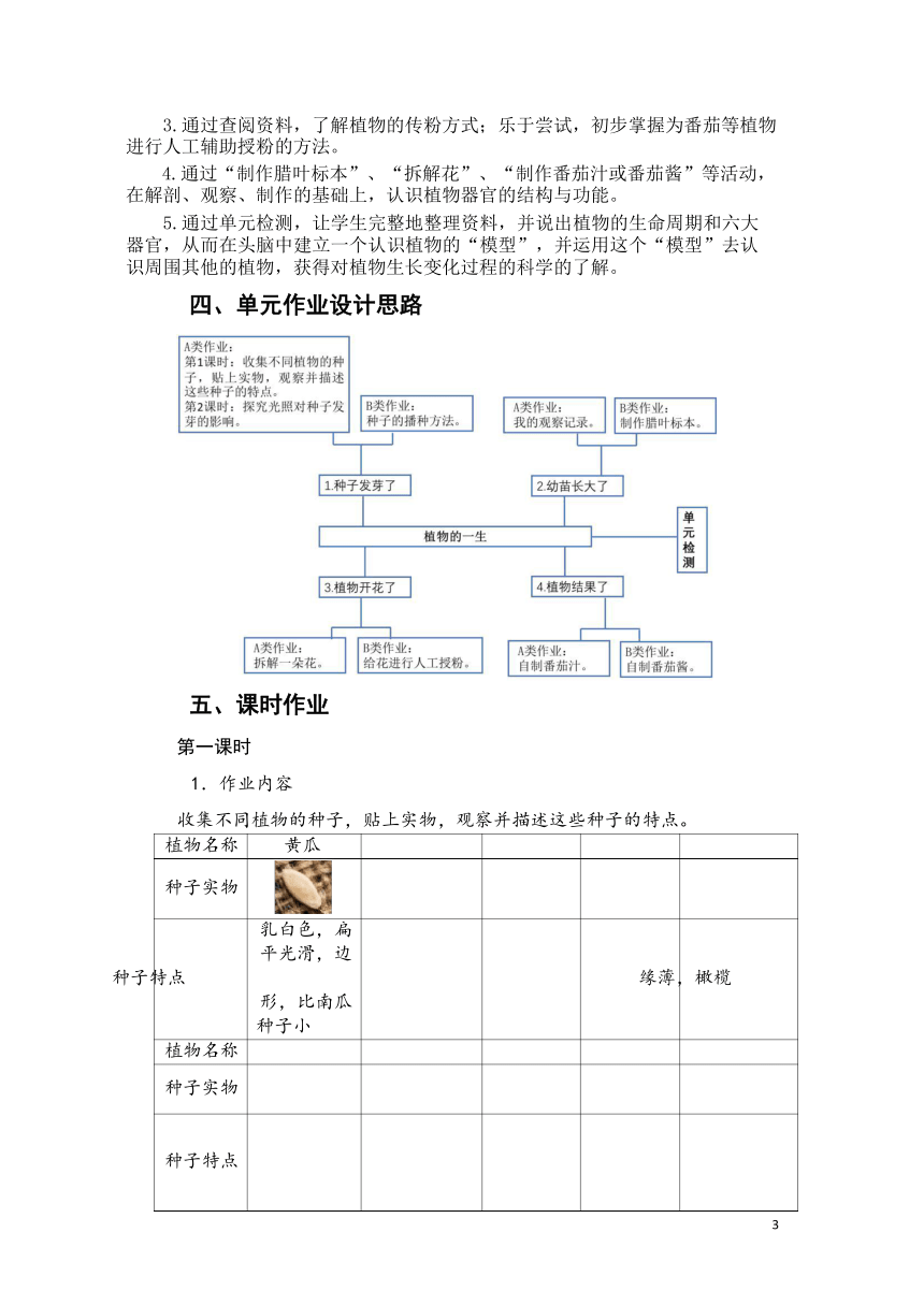 苏教版三年级上册《植物的一生》单元作业设计