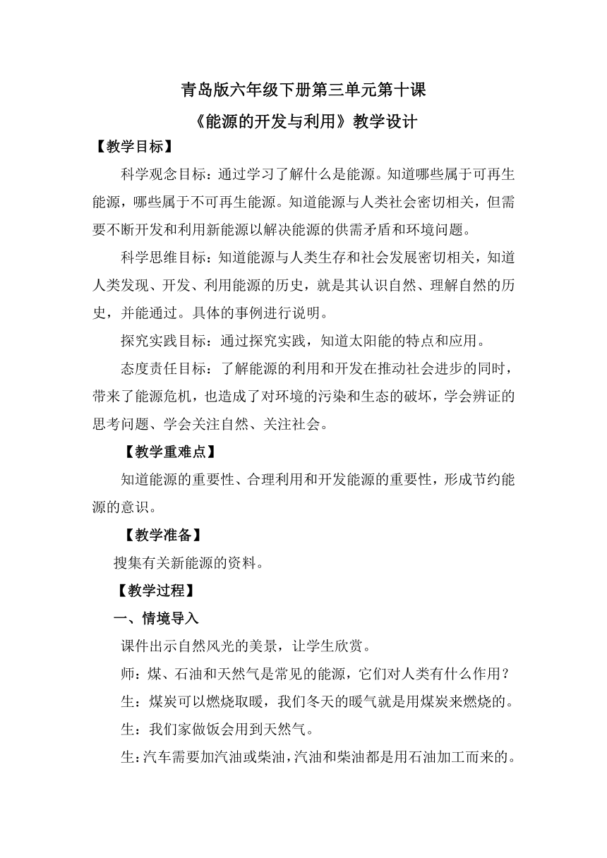 2023-2024学年六年级科学下册（青岛版）3.10能源的开发与利用（教案）