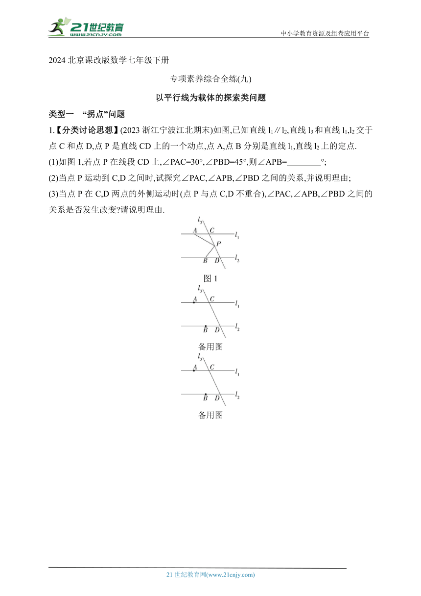 2024北京课改版数学七年级下册--专项素养综合全练(九)以平行线为载体的探索类问题（含解析）