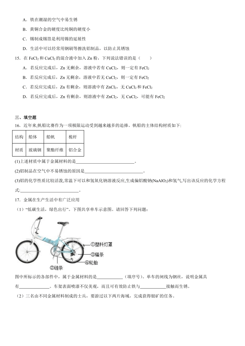 第八单元实验活动4金属的物理性质和某些化学性质 课时作业 九年级化学人教版下册（无答案）