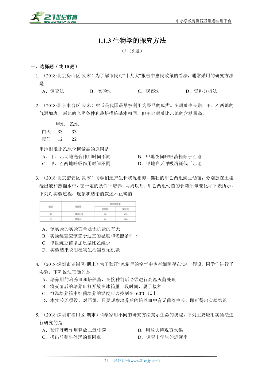 2023-2024学年初中生物济南版七年级上册1.1.3生物学的探究方法章节同步练习（答案+解析）