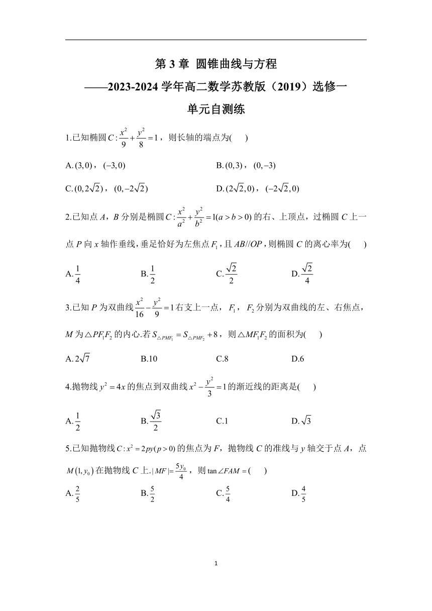 第3章 圆锥曲线与方程——2023-2024学年高二数学苏教版（2019）选修一单元自测练（含解析）