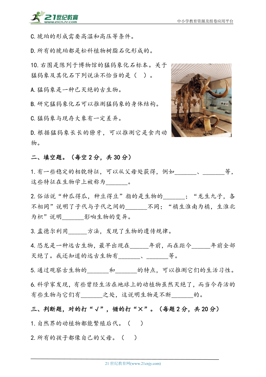 2023年秋人教鄂教版科学五年级上册第二单元 后代与亲代 检测卷（含答案）