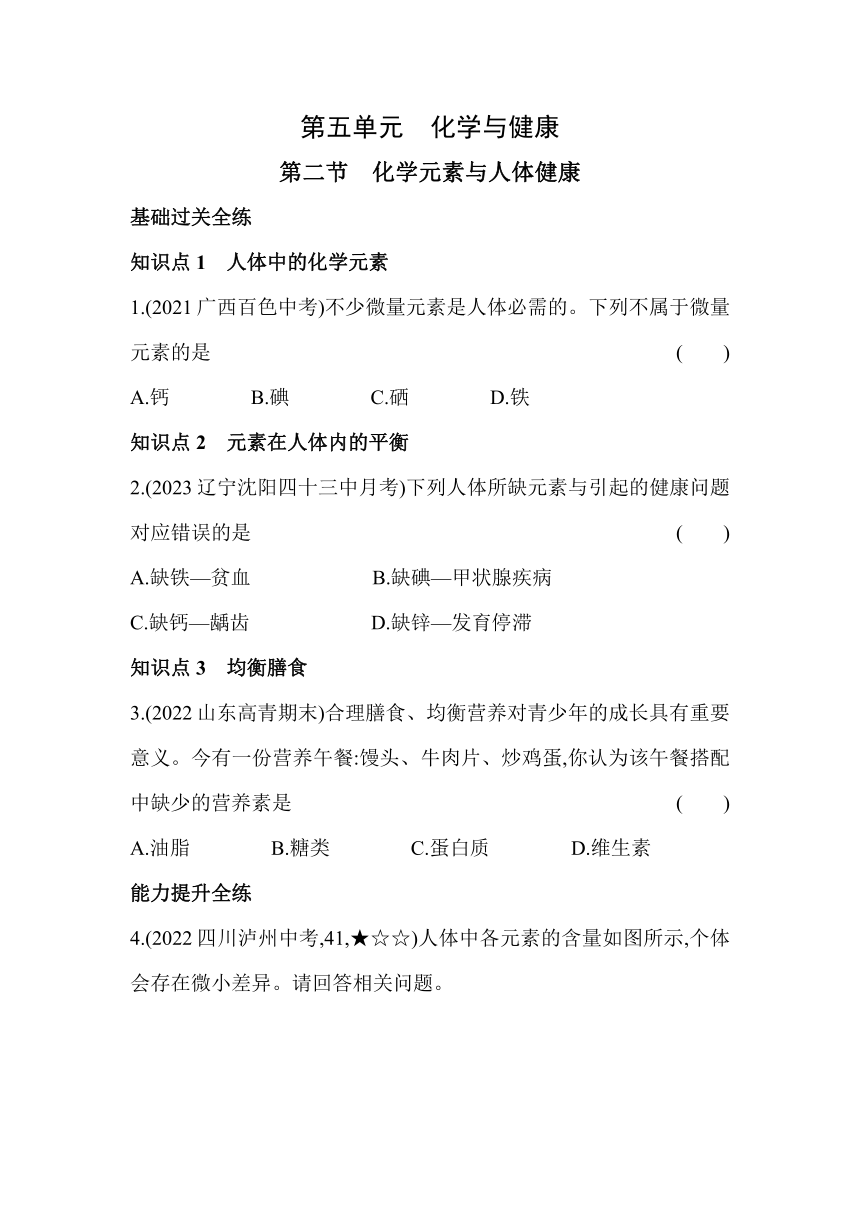 化学鲁教版（五四制）九年级5.2化学元素与人体健康同步练习（含解析）