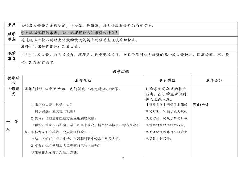 教科版六年级科学上册 第1课《放大镜》（表格式教案）