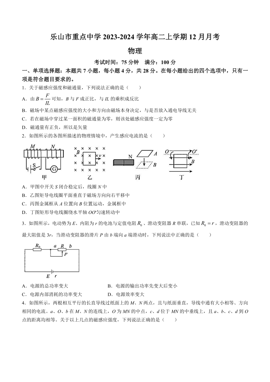 四川省乐山市重点中学2023-2024学年高二上学期12月月考物理试题（含答案）