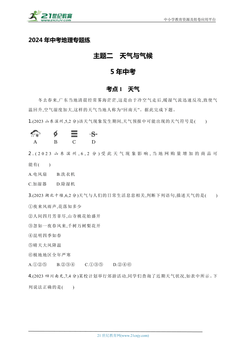 2024年中考地理专题练--主题二　天气与气候（含解析）