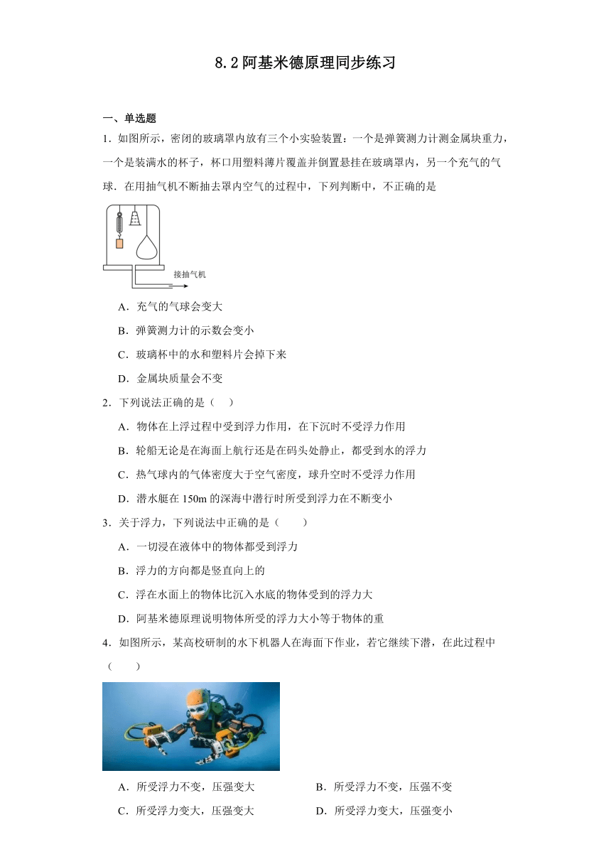 8.2阿基米德原理同步练习（含解析）2023-2024学年鲁科版物理八年级下册