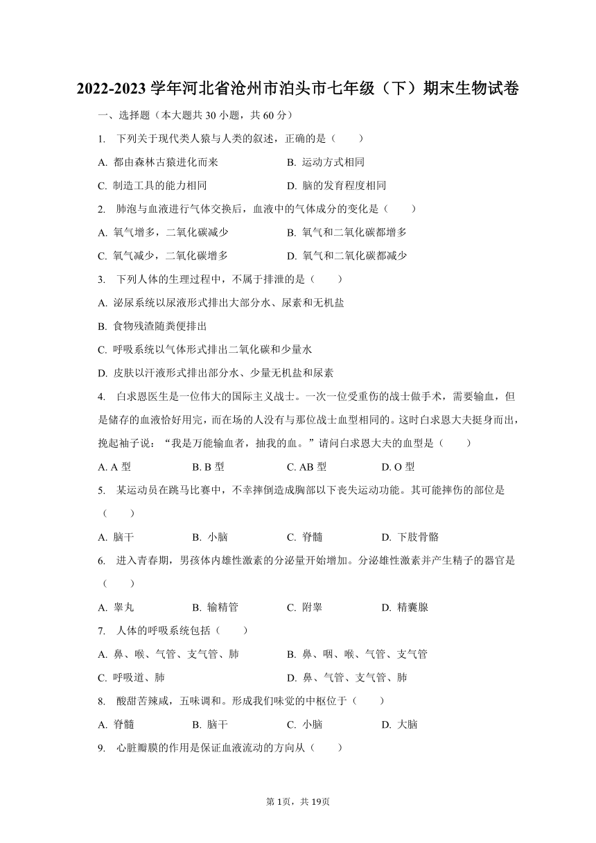 2022-2023学年河北省沧州市泊头市七年级（下）期末生物试卷（含解析）