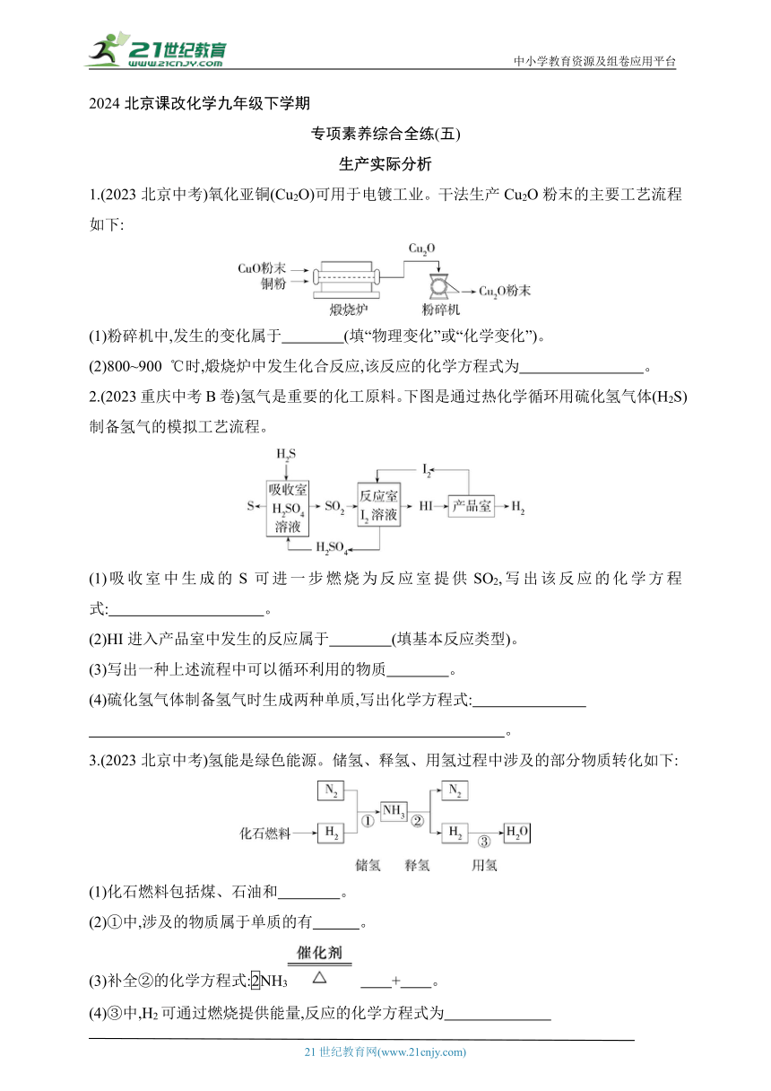 2024北京课改化学九年级下学期课时练--专项素养综合全练（五）   生产实际分析