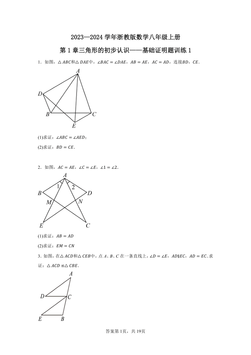 2023—2024学年浙教版数学八年级上册第1章三角形的初步认识 基础证明题训练1（含解析）