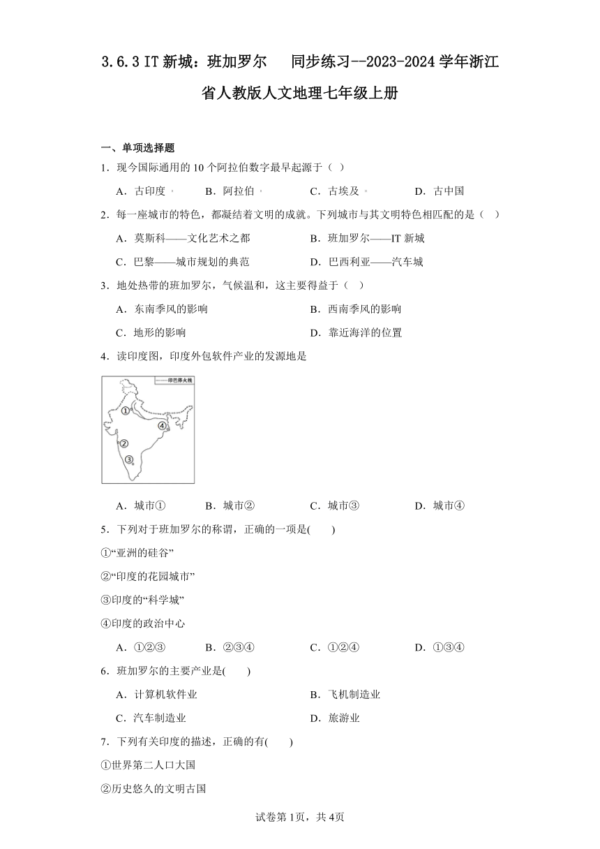 3.6.3 IT新城：班加罗尔   同步练习--2023-2024学年浙江省人教版人文地理七年级上册（含解析）