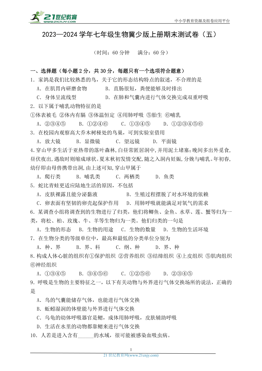 2023—2024学年七年级生物冀少版上册期末测试卷（五）（含答案）