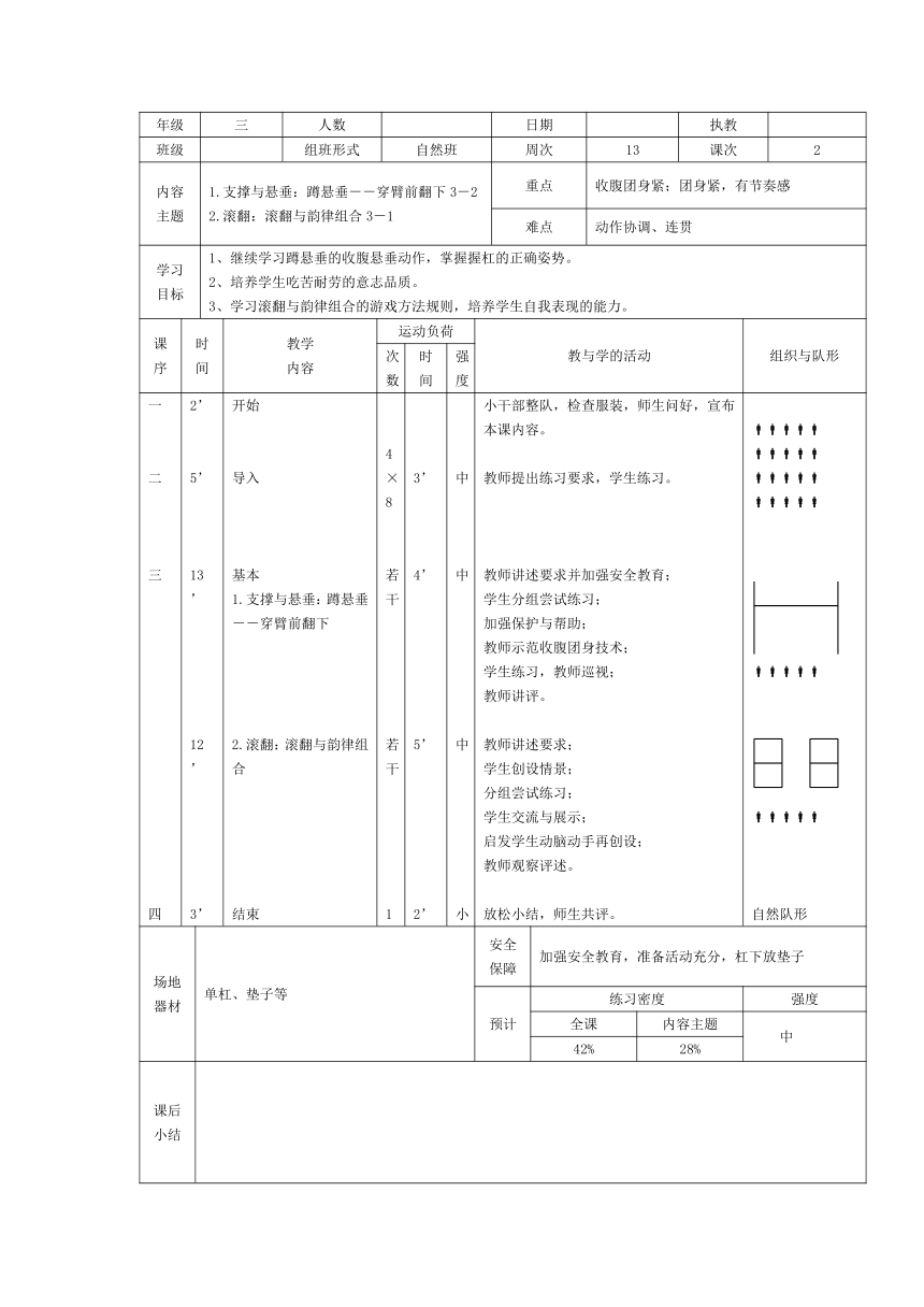 体育三年级上册 滚翻与韵律组合3课时 教案（表格式）