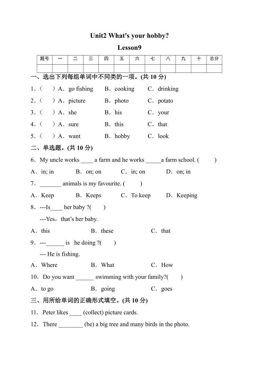 Unit 2 What's your hobby? Lesson 9测试卷（含答案）