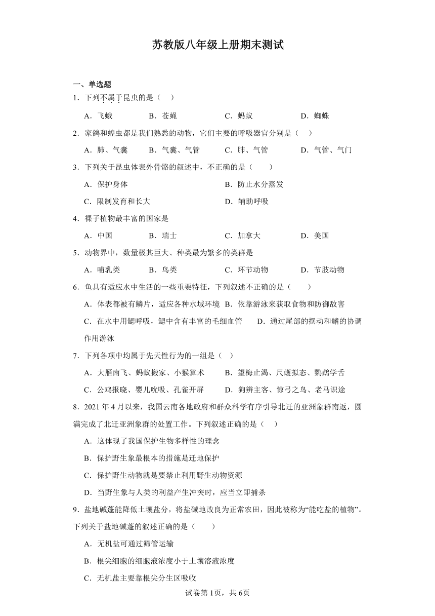 2023-2024学年初中生物苏教版八年级上册期末测试模拟卷2（答案+解析）