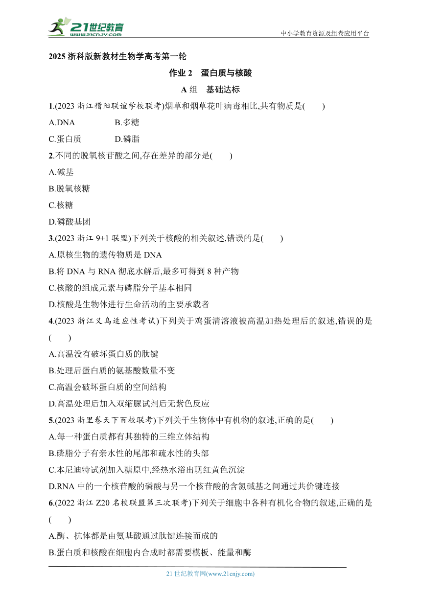 2025浙科版新教材生物学高考第一轮基础练--作业2　蛋白质与核酸（含解析）