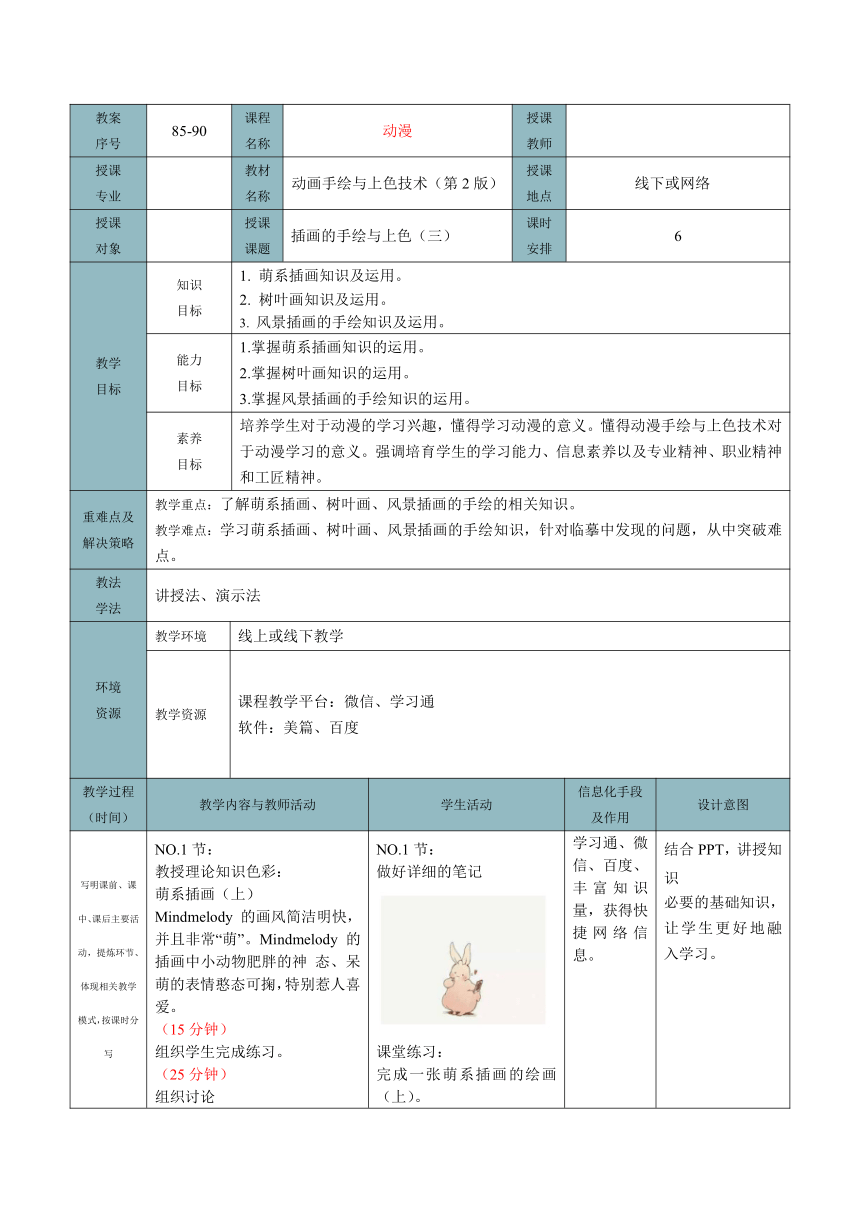 插画的手绘与上色（三） 教案（表格式）-《动画手绘与上色技术（第2版）》同步教学（电子工业版）