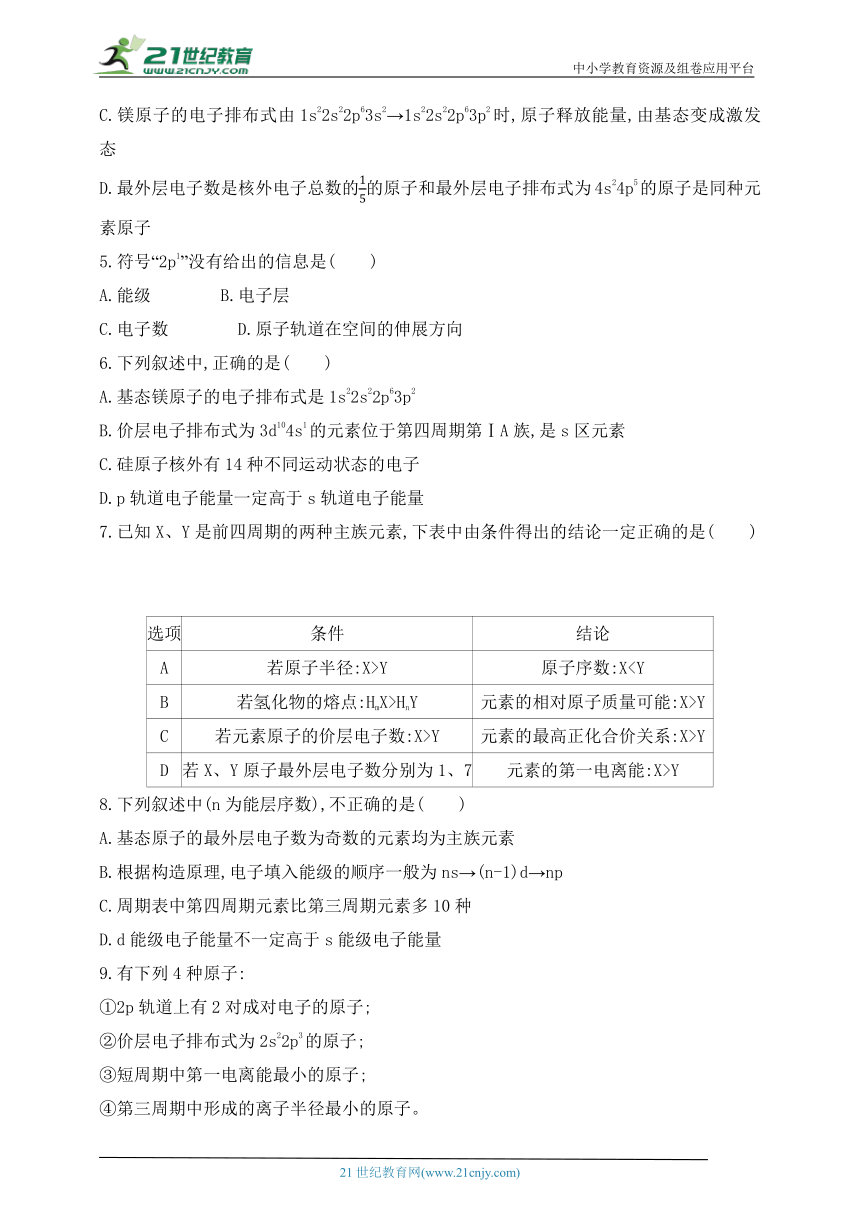 2024人教版高中化学选择性必修2同步练习题--第一章　原子结构与性质（含解析）