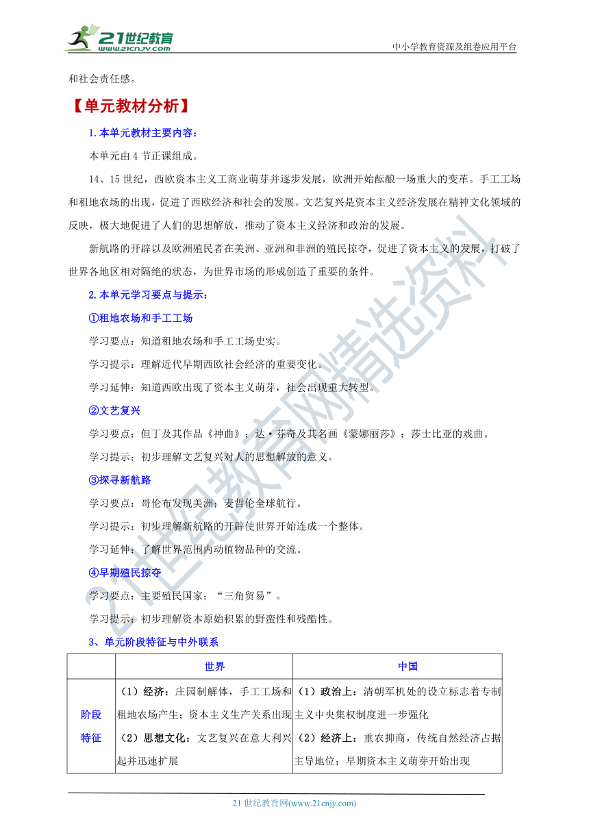 第五单元 走向近代【大单元教学设计】+背诵清单-2023-2024学年部编版九年级历史上册