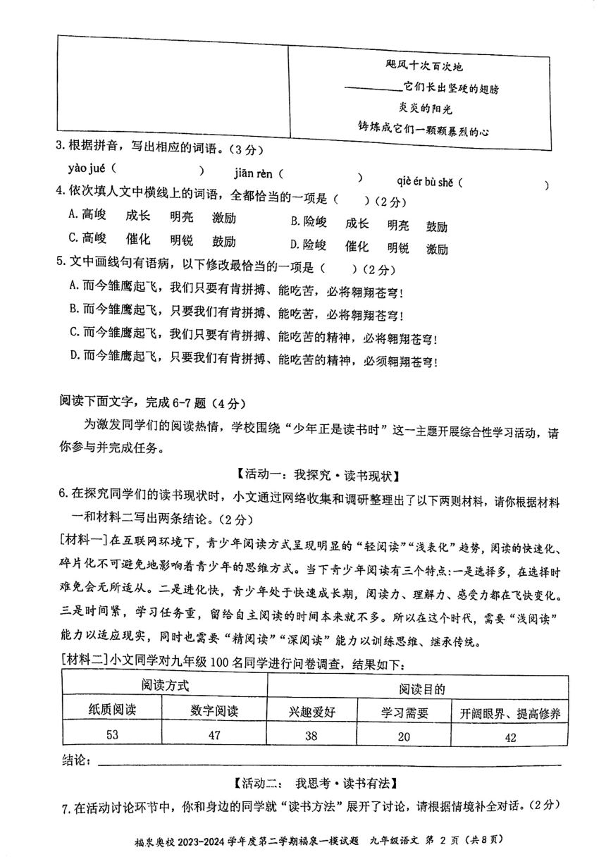 2024年广东省江门市福泉奥林匹克学校中考一模语文试题（pdf版无答案）