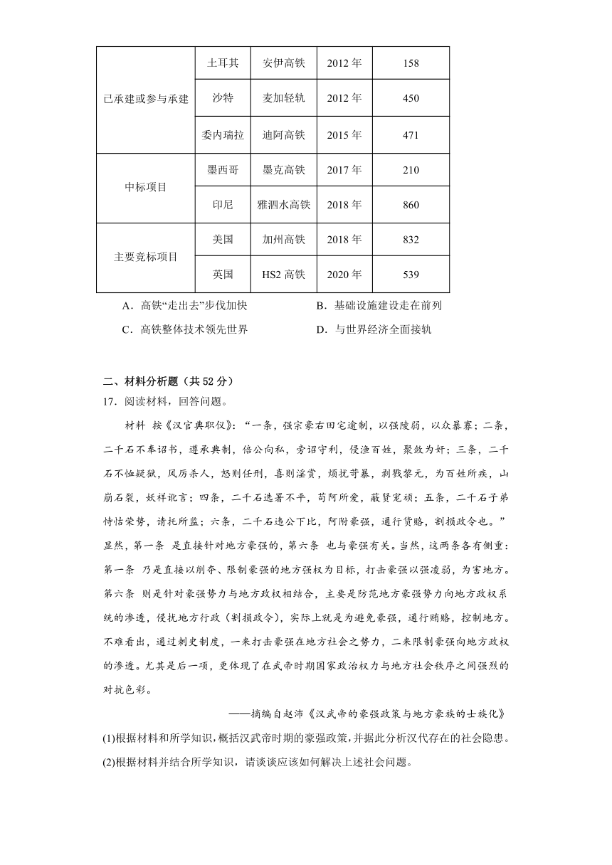 湖南省龙山县三校2022-2023学年第一学期高一历史期末测试卷（含解析）